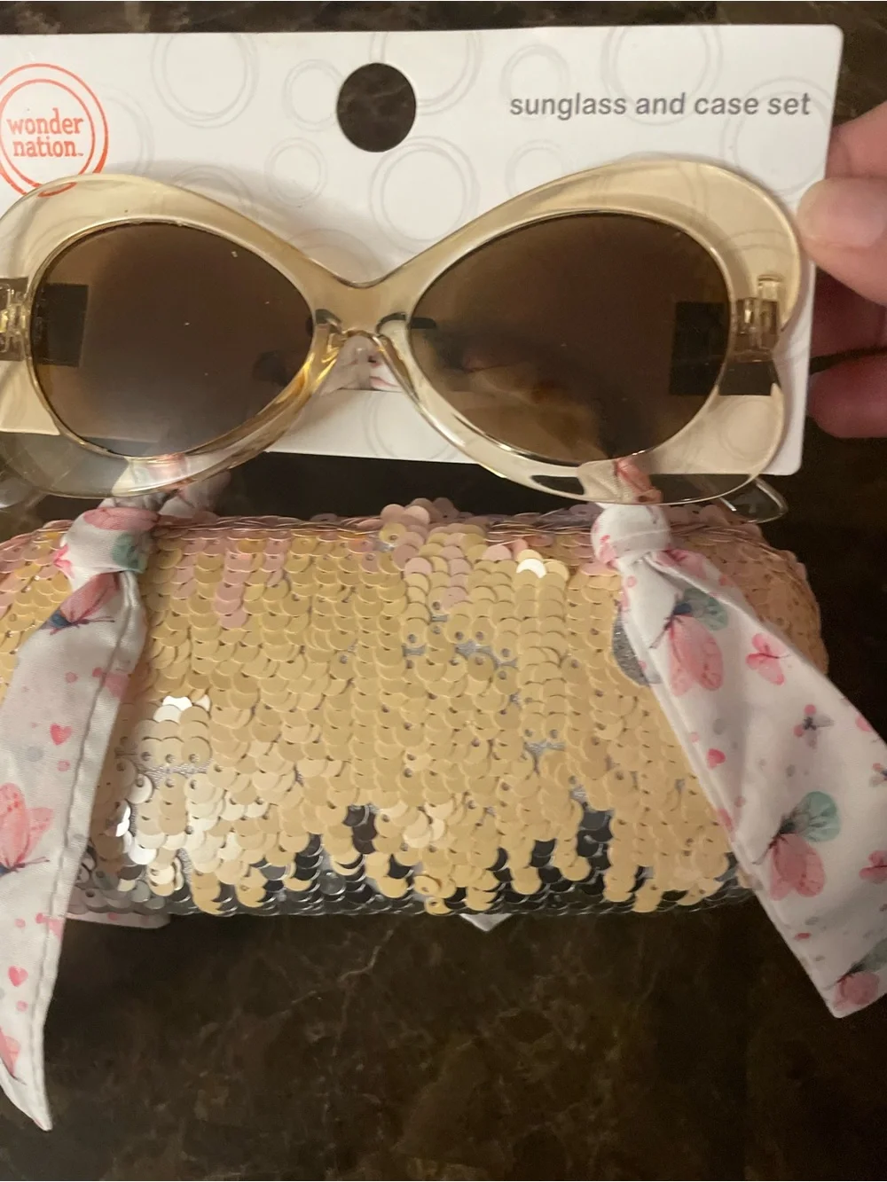 wonder nation Gold Sequin Sunglasses & Butterfly Scarf Case - Gold, Pink, White